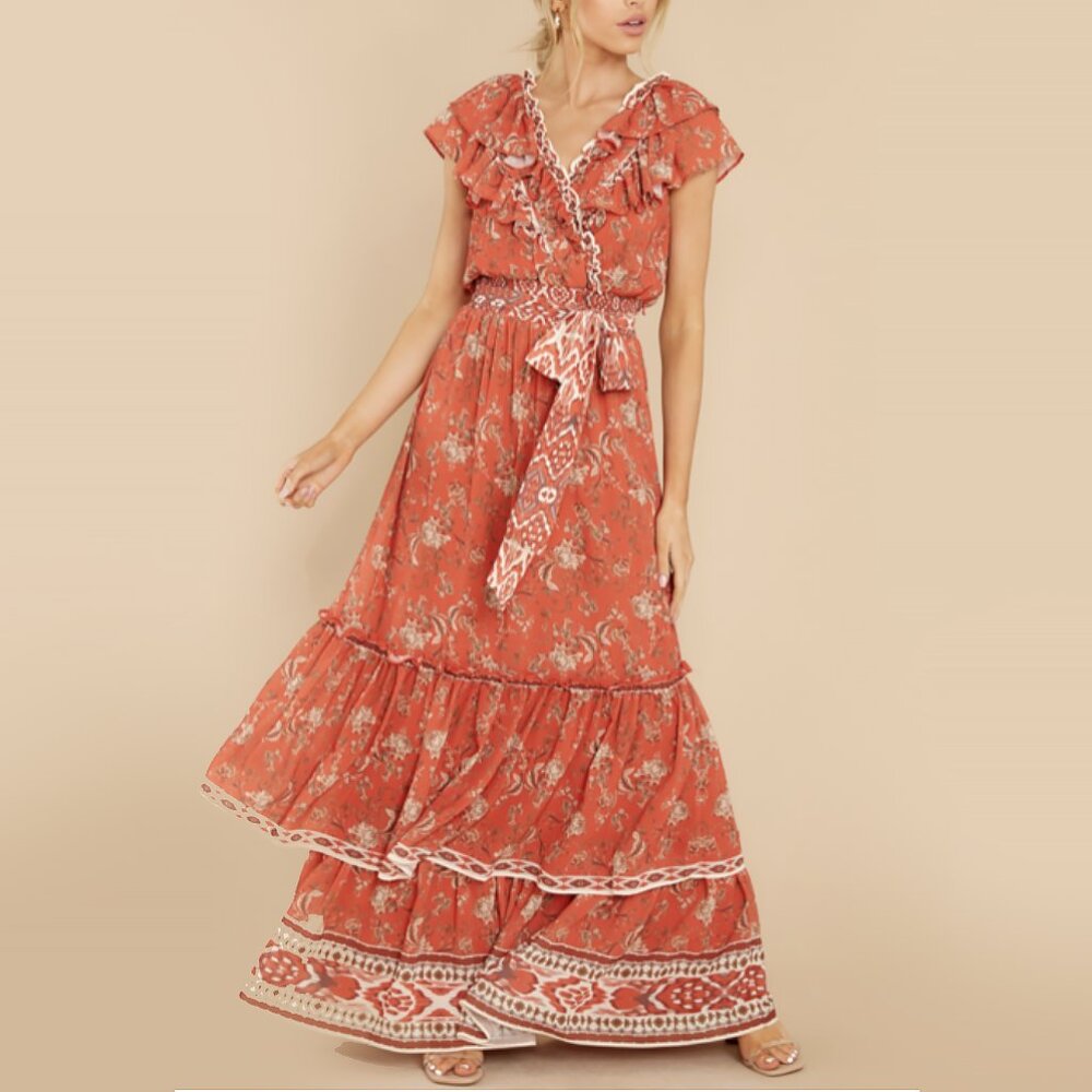Aura Coral Floral Maxi Dress with White Trim